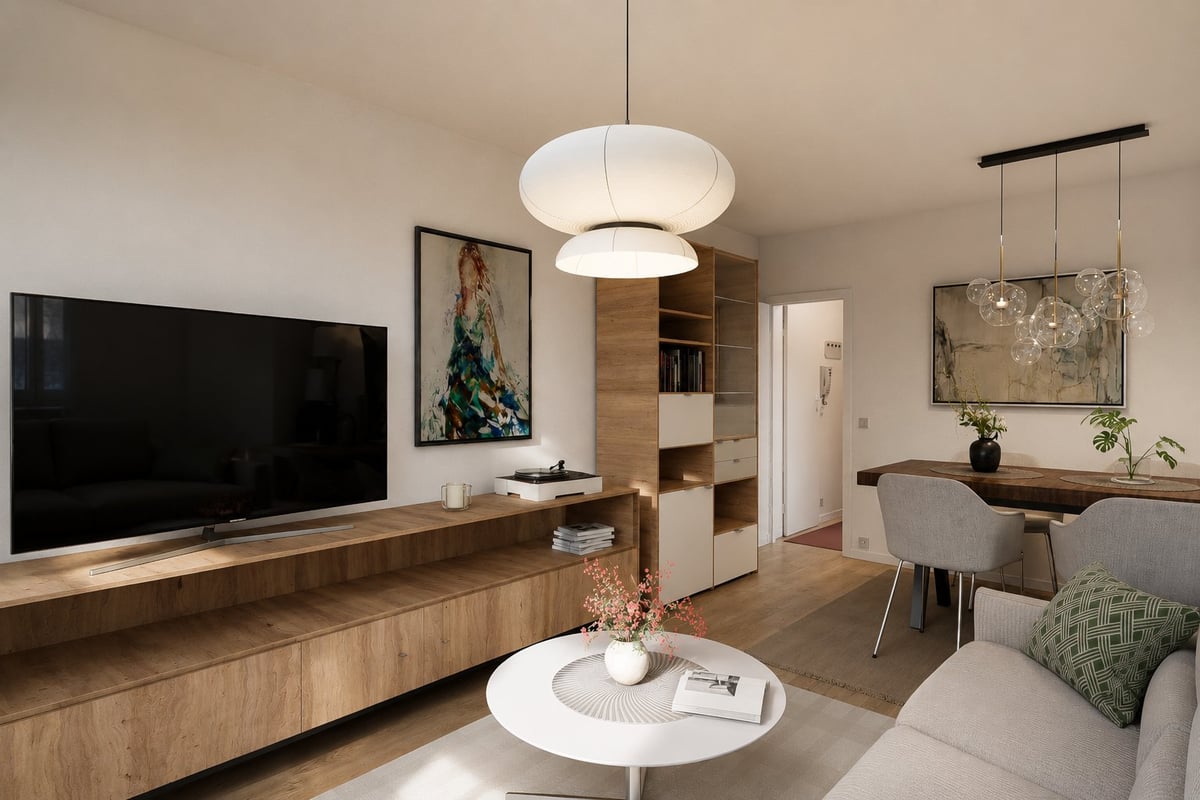 Modern living room with wooden TV console, white pendant lighting, storage shelving, dining area, and minimalist furniture arrangement