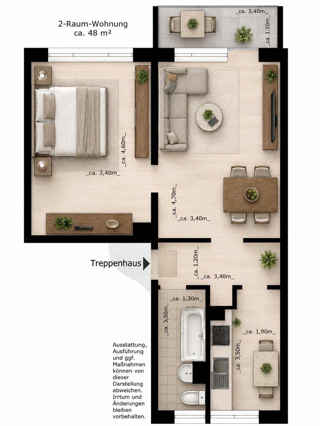 Floor plan of a 48 square meter 2-bedroom apartment with bedroom, living room, kitchen, bathroom, and staircase access.