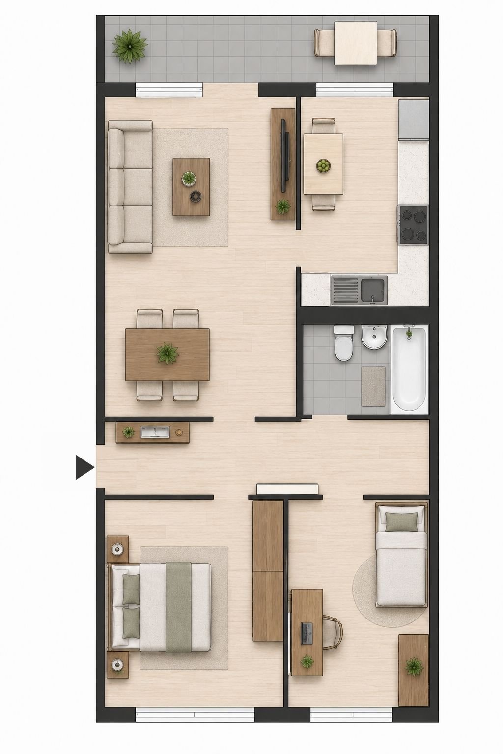 Floor plan layout of a two-bedroom apartment with living area, kitchen, and bathroom viewed from above.