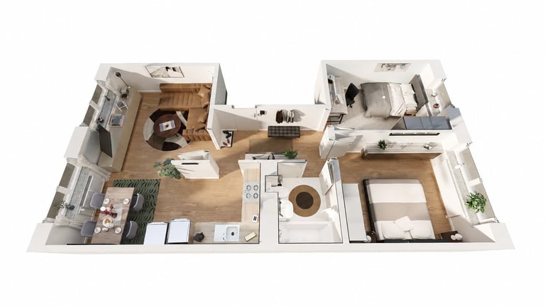 3D-Grundriss einer Zweizimmerwohnung aus der Draufsicht