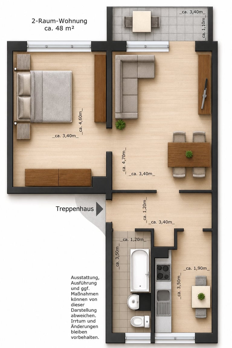 Floor plan of a 2-room apartment showing bedroom, living area, kitchen, bathroom and stairwell layout.