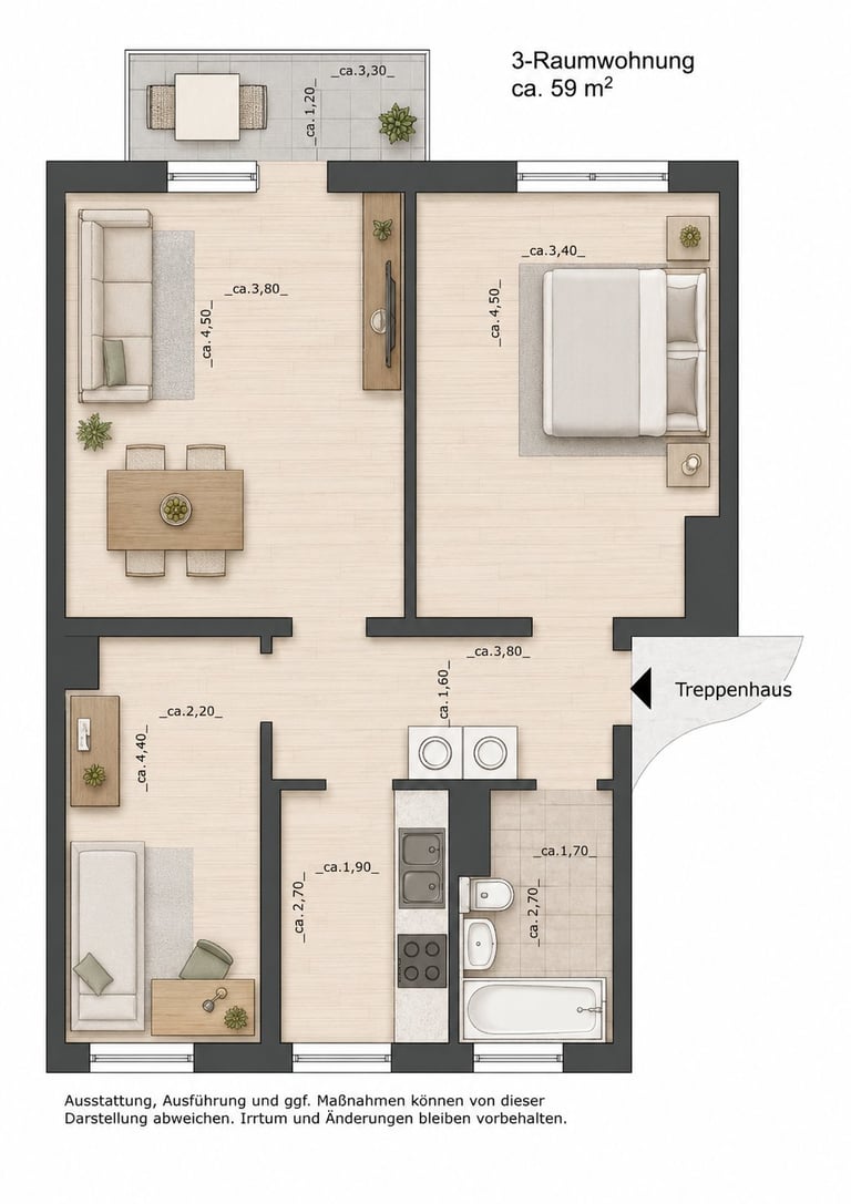 2D-Grundriss einer Dreiraumwohnung