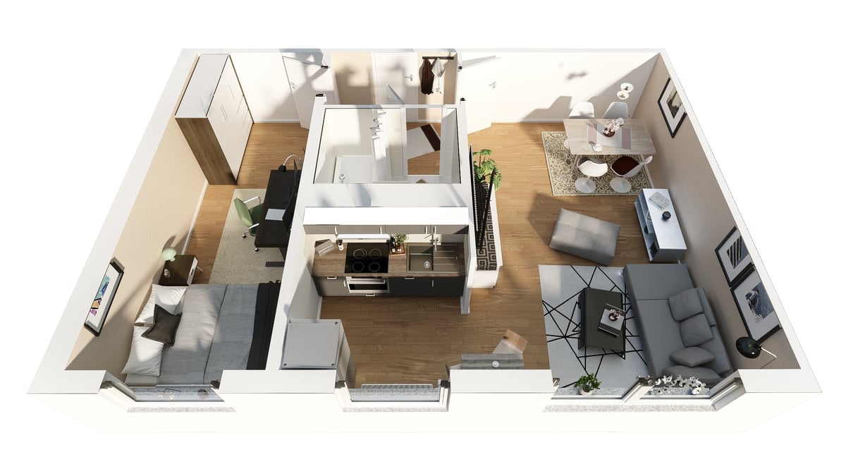 3D-Grundriss einer Einzimmerwohnung aus der Draufsicht