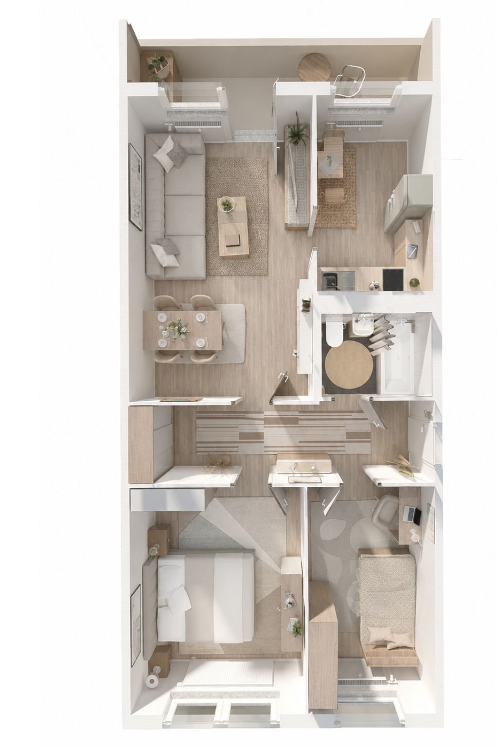 3D-Grundriss einer Zweizimmerwohnung aus der Draufsicht