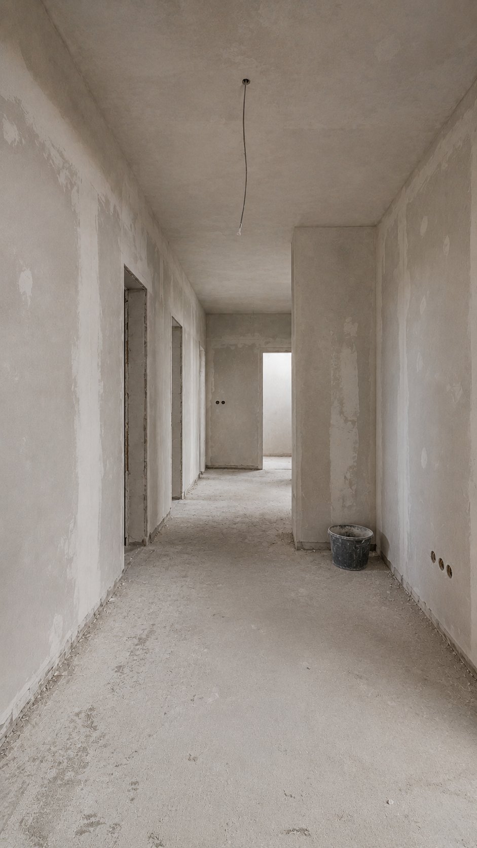 Leerer Flur im Rohbau mit nackten Betonwänden und hängendem Kabel