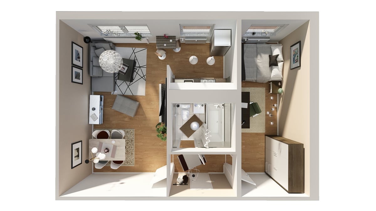 3D-Grundriss einer kleinen Wohnung aus der Draufsicht