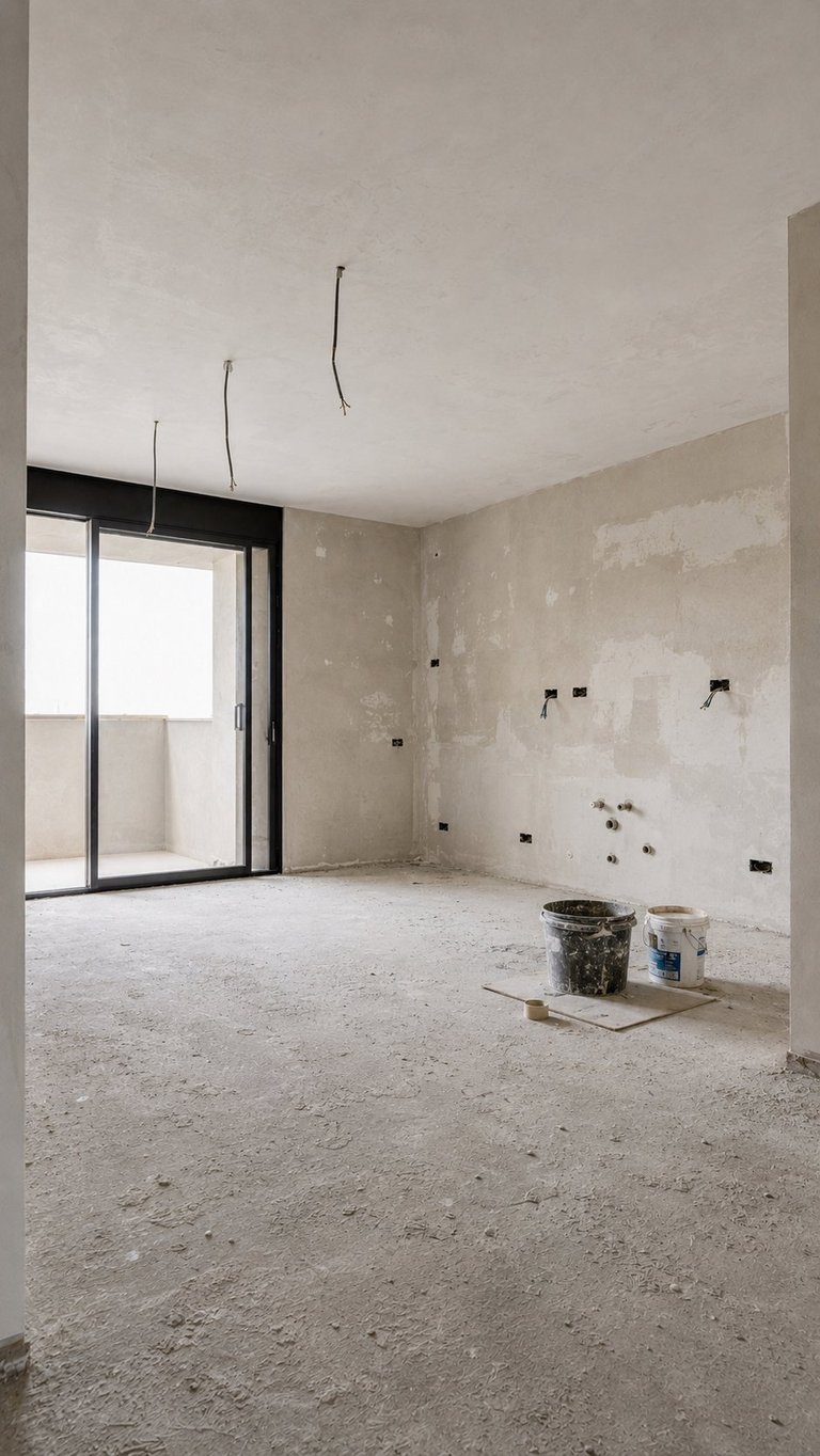 Unfinished room under construction with exposed concrete walls, ceiling wiring, and electrical outlets, bright window on left side