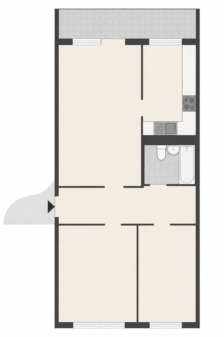Floor plan layout showing multiple rooms including bedrooms, kitchen, and bathroom with furniture and fixtures indicated.