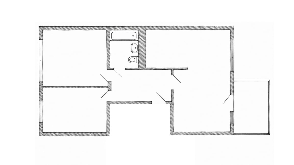 Floor plan layout showing two bedrooms, kitchen, bathroom, and living areas with doorway connections
