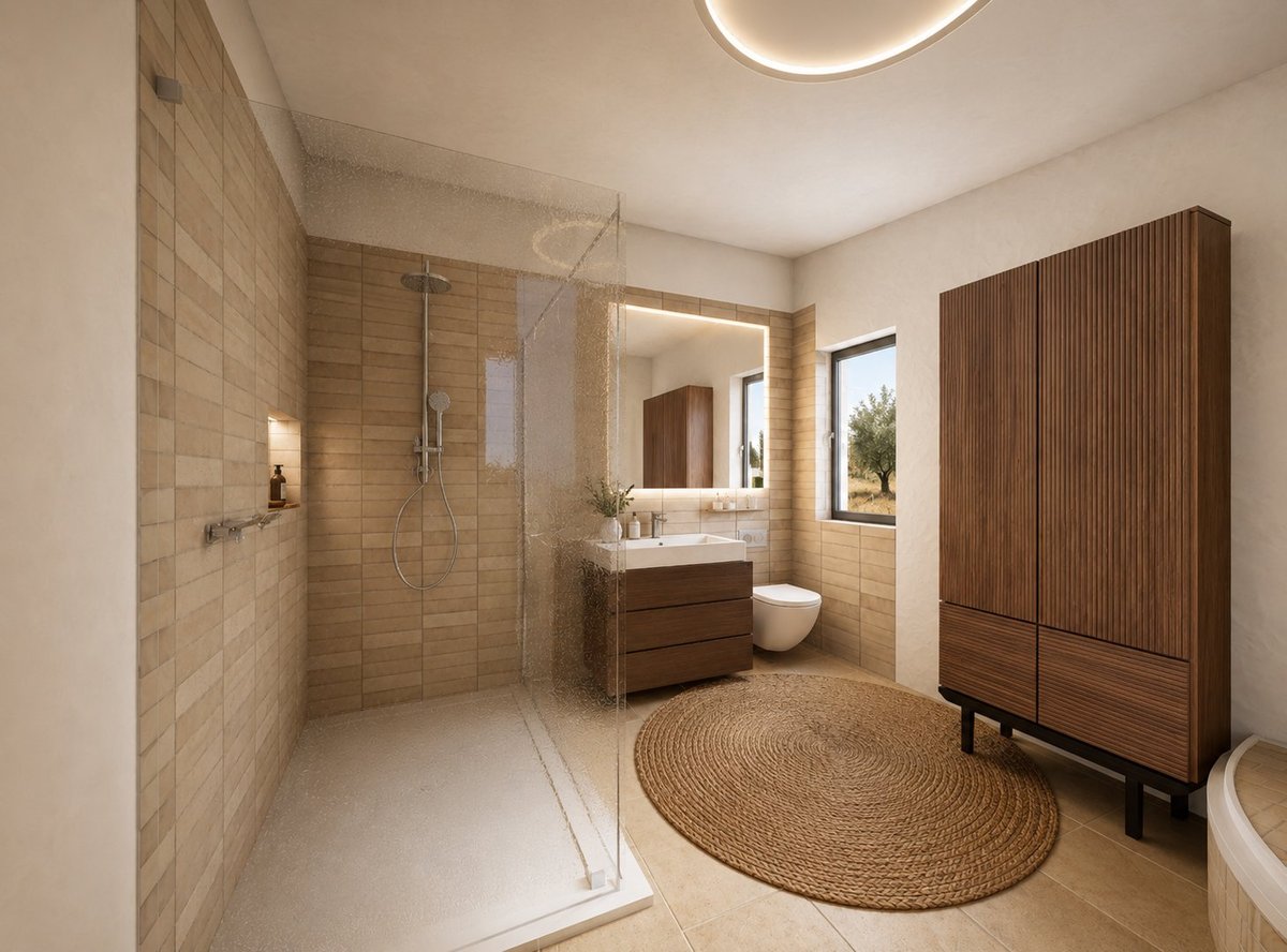 Innenvisualisierung eines modernen Badezimmers mit Walk-in-Dusche