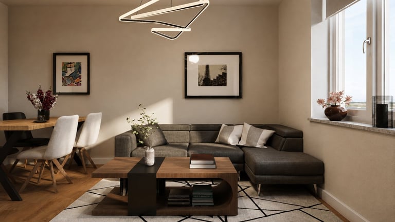 Innenvisualisierung eines Wohnzimmers mit grauem Sofa