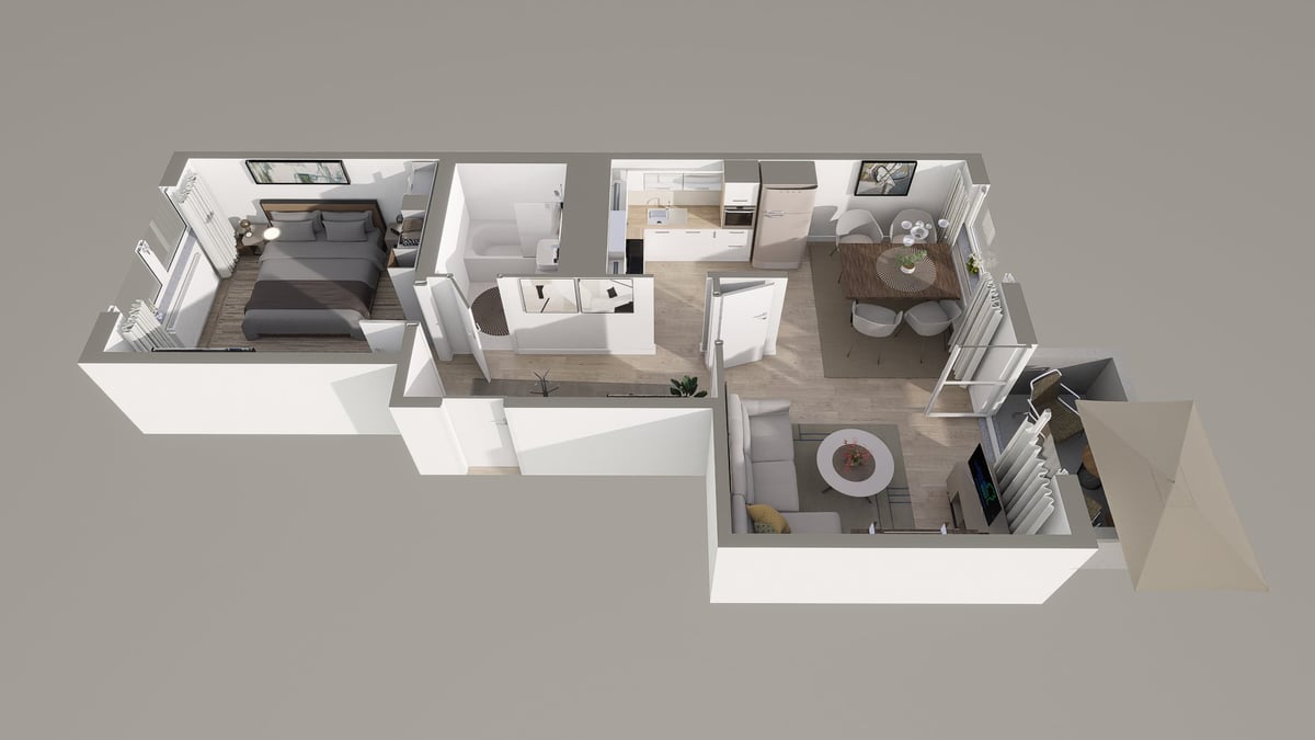 3D-Grundriss einer möblierten Wohnung in isometrischer Ansicht