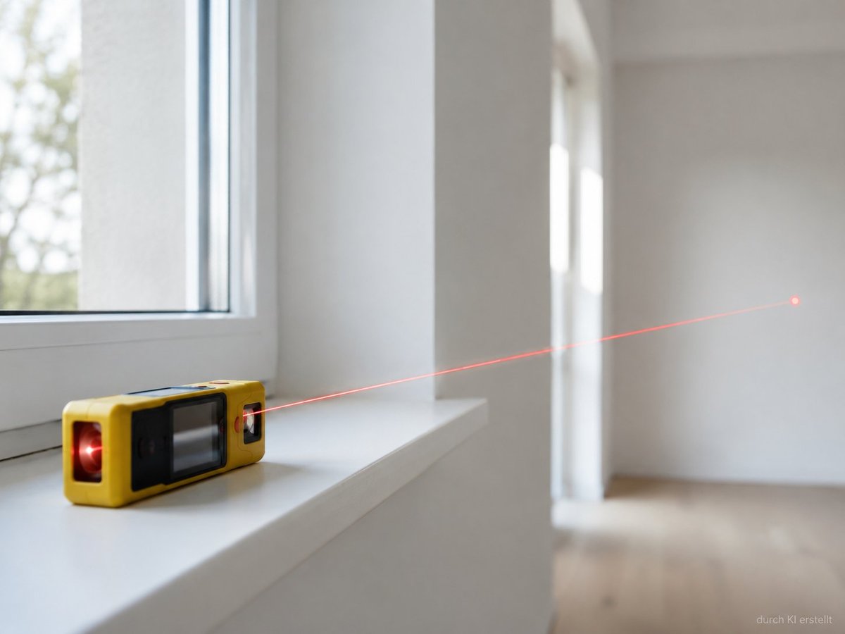 Yellow and black laser level on white windowsill projecting red beam across interior room