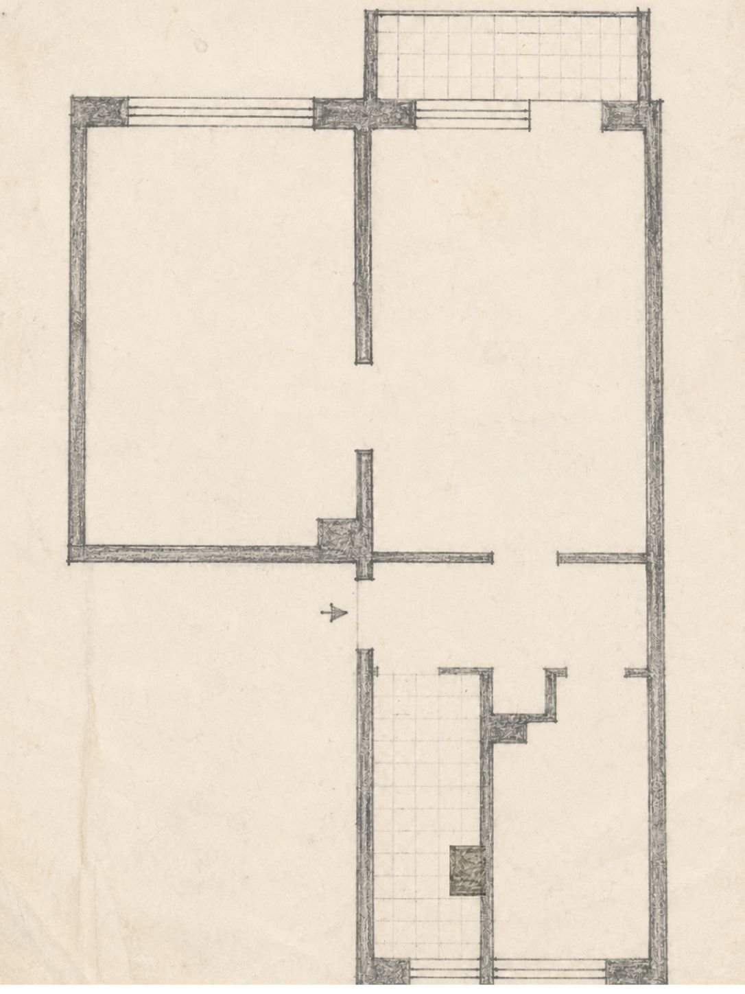 Architectural floor plan drawing showing layout of rooms with walls, doorways, and grid overlay on aged paper background