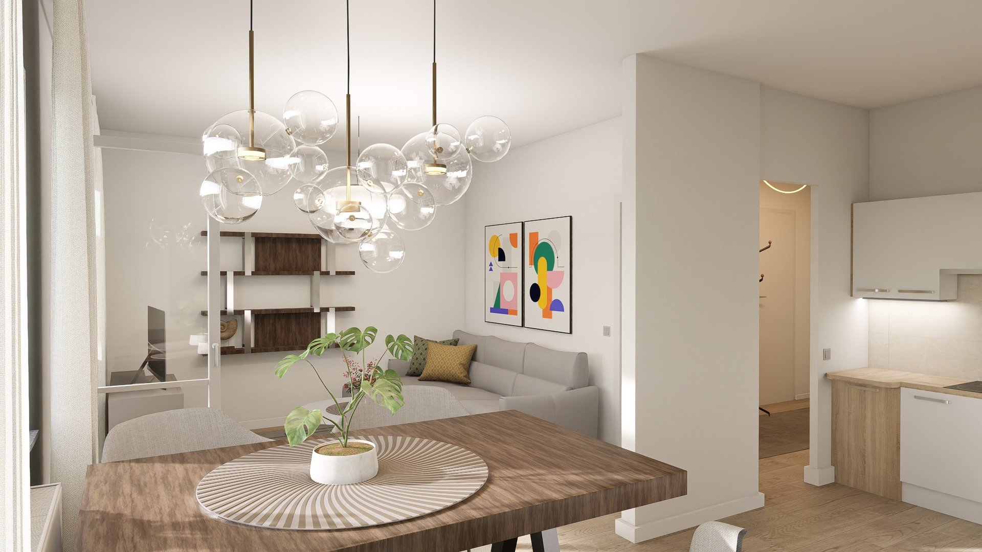 Immobilienvisualisierung eines möblierten Wohn- und Essbereichs