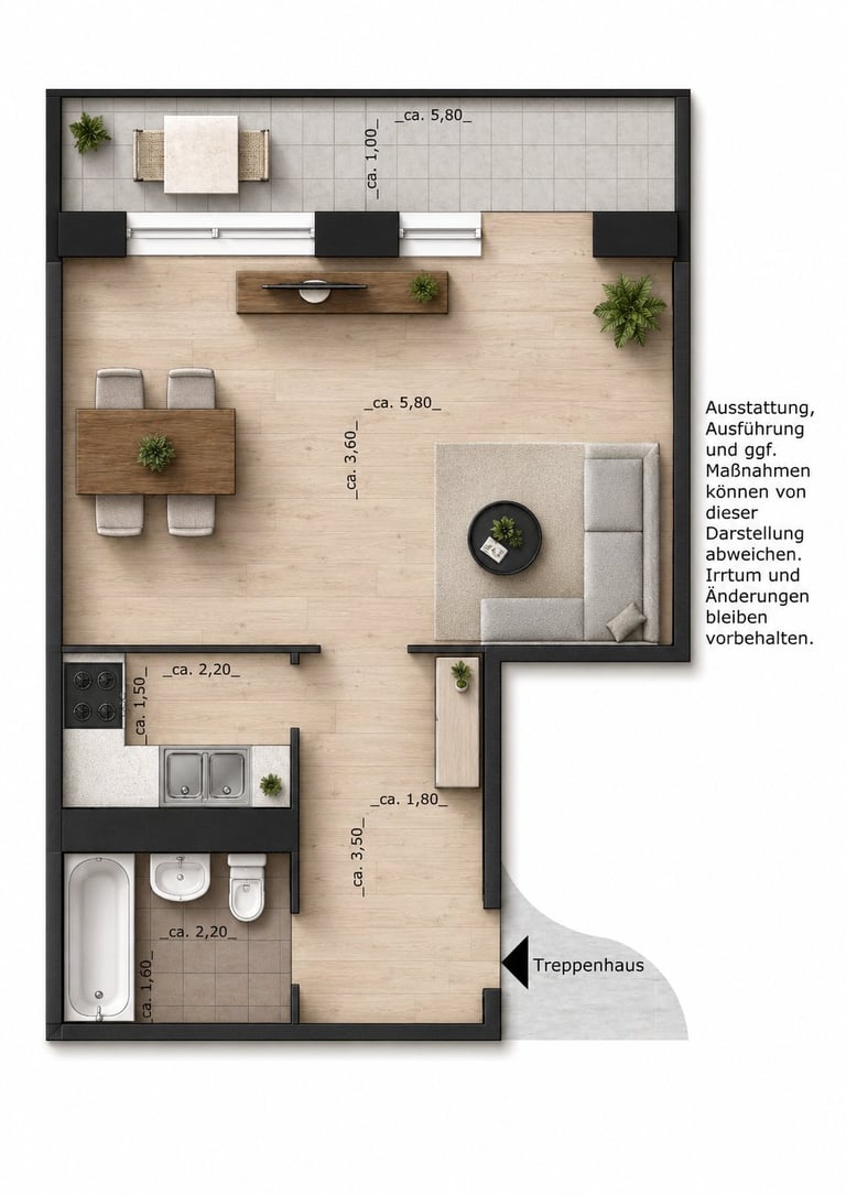 Architectural floor plan of a modern apartment showing kitchen, living room, bedroom, and bathroom with furniture layout and dimensions labeled in German.