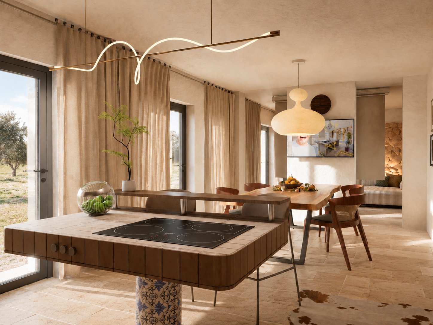 Innenvisualisierung einer offenen Küche mit Essbereich
