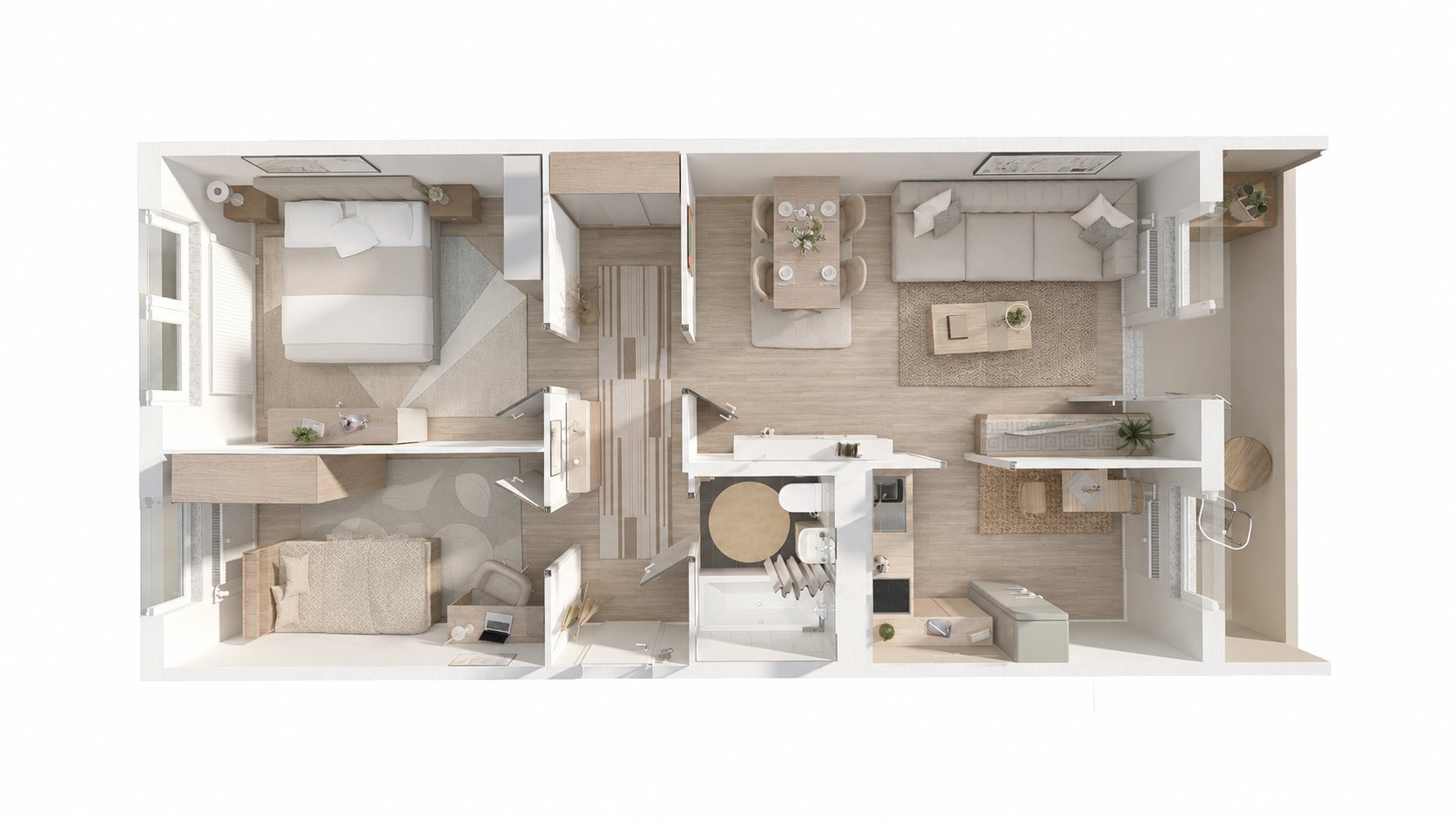 3D-Grundriss einer Zweizimmerwohnung aus der Draufsicht