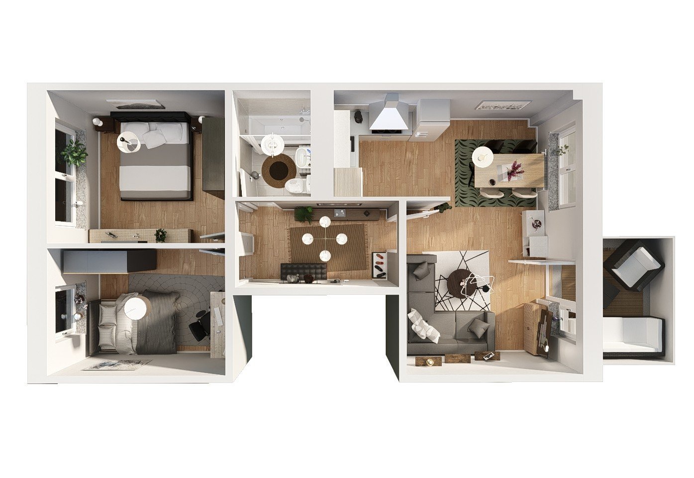 3D floor plan layout of a multi-room apartment with bedrooms, kitchen, bathrooms, and living spaces from above