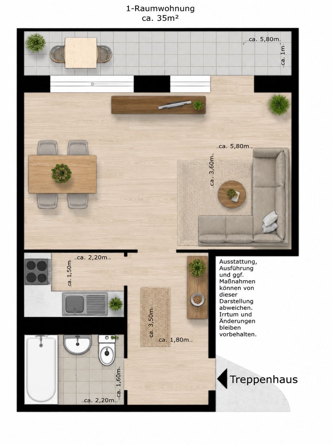 Floor plan of a 1-room apartment approximately 35 square meters, showing layout with bedroom, living area, kitchen, and bathroom with labeled dimensions.
