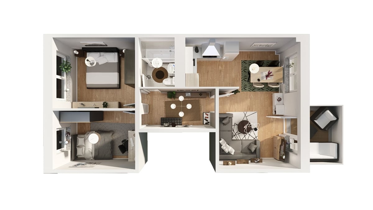 3D floor plan of a two-bedroom apartment showing living room, kitchen, bathrooms, and bedrooms with furniture layout