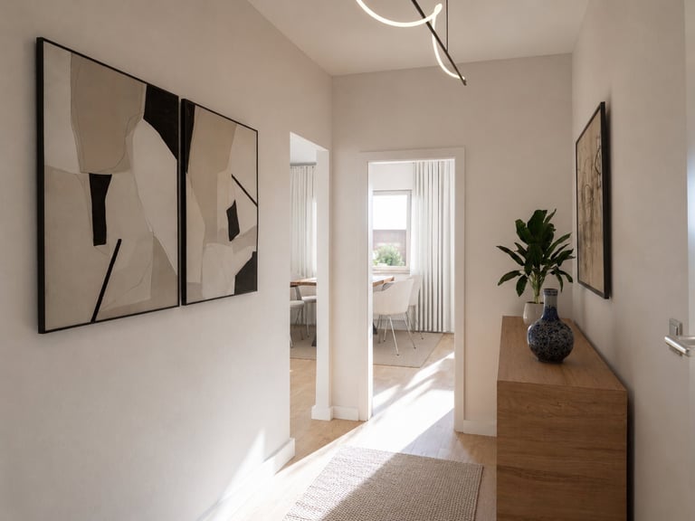 Modern hallway with white walls, abstract art, wooden dresser with potted plant, and natural light streaming through doorway